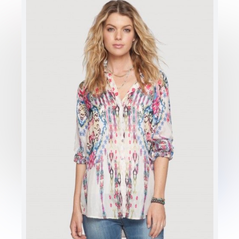 Johnny Was silk print button down Sz M